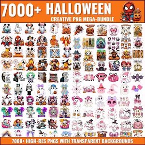May include: A digital collection of over 7000 Halloween-themed PNG graphics featuring various cartoon characters, ghosts, pumpkins, and festive icons. The text 7000+ HALLOWEEN CREATIVE PNG MEGA-BUNDLE is displayed at the top and bottom of the image.