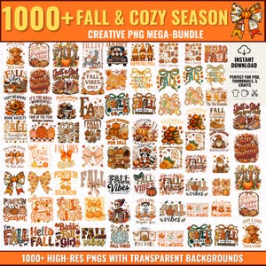 May include: A digital collection of over 1000 fall and cozy season themed graphic designs featuring pumpkins, autumn leaves, bows, gnomes, and seasonal text. The images are arranged in a grid format, showcasing various illustrations for creative projects.