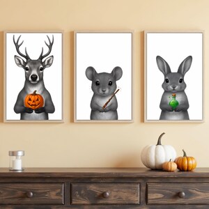 Halloween Poster Set 3er - Witchy Tierbilder mit Hase, Hirsch und Maus