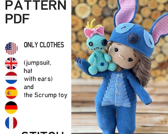 Crochet pattern toy clothes outfit "STITCH" for 29 cm dolls. CLOTHES ONLY, doll not included. 