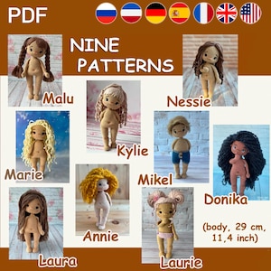 Peut inclure: Image de neuf patrons de poupées au crochet, chacun avec des coiffures et des tenues uniques. Les poupées mesurent environ 29 cm de haut. L'image comprend le texte "PDF" et "NINE PATTERNS".