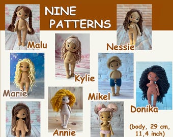 Nove moldes básicos de bonecas amigurumi de crochê. Sem roupa. SOMENTE AS BONECAS, calças não inclusas.