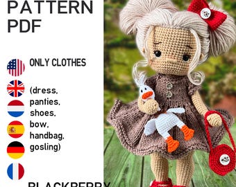 May include: A handmade crochet doll with a brown dress, red shoes, and a red purse. The doll has blonde yarn hair and a red bow. It holds a white gosling. The image text says "KNIT PATTERN PDF" and "ONLY CLOTHES".
