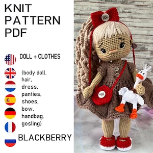 May include: A handmade crochet doll with a brown dress, red shoes, and a red handbag. The doll has blonde hair and a red bow. It holds a white gosling. The image includes the text "KNIT PATTERN PDF" and "BLACKBERRY".