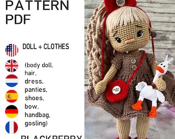 May include: A handmade crochet doll with a brown dress, red shoes, and a red handbag. The doll has blonde hair and a red bow. It holds a white gosling. The image includes the text "KNIT PATTERN PDF" and "BLACKBERRY".