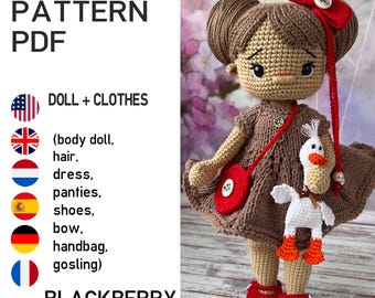 May include: A crocheted doll with brown hair, a red bow, and a brown dress. The doll has a red handbag and red shoes. It is holding a white gosling with orange feet. The image also includes the text "KNIT PATTERN PDF".