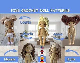 Cinco moldes básicos de bonecas amigurumi de crochê. Sem roupa. SOMENTE AS BONECAS, calças não incluídas.