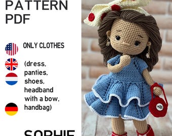Knit and Crochet pattern toy clothes outfit "Sophie " for 29 cm dolls. CLOTHES ONLY, doll not included. 