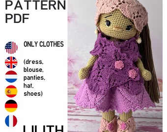 May include: A handmade crochet doll named Lilith, wearing a purple dress with pink rose accents, a matching hat, and sandals. The doll has long brown hair and is wearing earrings. The image includes the text "KNIT PATTERN PDF" and "ONLY CLOTHES".