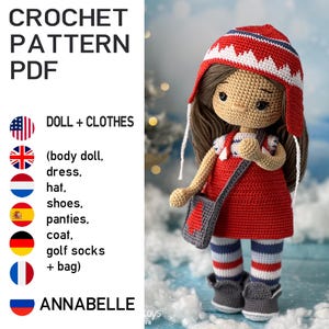 May include: A crochet doll named Annabelle wearing a red dress, hat, and shoes. The doll has long brown hair and is carrying a gray bag. The image includes text that says "CROCHET PATTERN PDF" and lists the doll's clothes.
