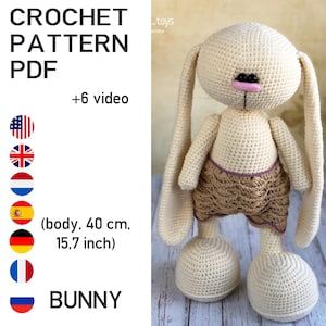 crochet bunny pattern - amigurumi pattern body rabbit - English, Deutsch, Français, Nederlands, Español. PDF. pants not included