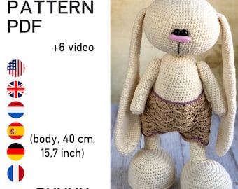 Padrão de coelho de crochê - padrão de coelho amigurumi para corpo - Inglês, Alemão, Francês, Holandês, Espanhol. PDF. Calças não incluídas.