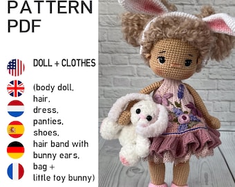 SET CROCHET PATTERNS -  Amigurumi basic doll Annie and Adaline outfit clothes and bunny toy crochet doll with clothes. by Irina Tarasova