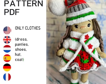 Patrón de amigurumi para muñeca Snowflake, conjunto de ropa navideña de invierno, patrón de crochet. Solo ropa, muñeca no incluida.