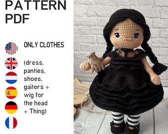 Wednesday Amigurumi Doll clothes outfit set and thing Crochet Pattern PDF Handmade. doll not included. 