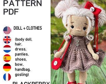 May include: A handmade crochet doll with a brown dress, red shoes, and a red handbag. The doll has light-colored yarn hair styled in two buns and a red bow. The image includes the text "KNIT PATTERN PDF" and "BLACKBERRY".