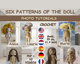 Seis moldes básicos de bonecas amigurumi de crochê. Sem roupa. SOMENTE AS BONECAS, calças não incluídas.