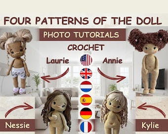 Vier gehäkelte Amigurumi Puppen Grundmuster. Unbekleidet. NUR PUPPEN, Hose nicht enthalten. 