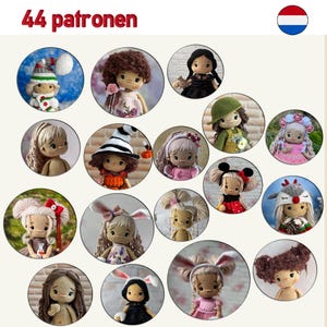 May include: A collection of crocheted dolls, each within a circular frame. The dolls feature various outfits and accessories, including hats, dresses, and bunny ears. The text "44 patronen" is at the top of the image.