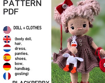 May include: A handmade crochet doll with a brown dress, red shoes, and a red bow. The doll has a light brown complexion and holds a white gosling. The doll's hair is light brown and curly. The text "KNIT PATTERN PDF" is at the top.