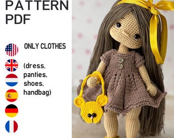 May include: A crocheted doll with long brown hair and a yellow ribbon. The doll wears a brown dress, yellow shoes, and carries a yellow bear-shaped handbag. The image includes the text "KNIT PATTERN PDF" and "ONLY CLOTHES".