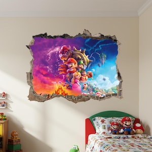 May include: A wall sticker showcasing a scene from the Super Mario Bros. film. The image features Mario, Luigi, Princess Peach, and Bowser set against a backdrop of a colourful sky and fantastical landscapes. The sticker gives the illusion of breaking through the wall.