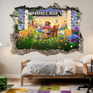 May include: A Minecraft wall decal depicting a colourful scene with characters and the game's logo. The design gives the illusion of breaking through the wall, creating a 3D effect. The decal is positioned above a bed in a bedroom.