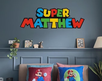 Calcomanía de pared con nombre personalizado de Mario, ladrillos de colores