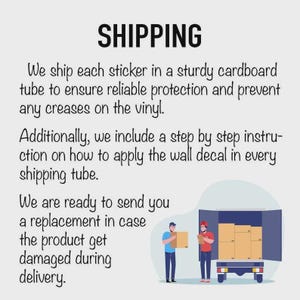 K&ouml;nnte beinhalten: Bild mit dem Wort "SHIPPING" in gro&szlig;en, fetten, schwarzen Buchstaben. Der Text darunter beschreibt, wie Aufkleber in stabilen R&ouml;hren versendet werden, um Knicke zu vermeiden. Enth&auml;lt Anweisungen und Ersatzoptionen bei Besch&auml;digung. Eine Grafik zeigt einen Lieferwagen und zwei Personen.