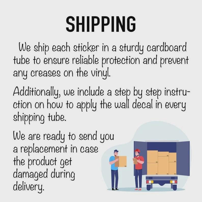 K&ouml;nnte beinhalten: Bild mit dem Wort "SHIPPING" in gro&szlig;en, fetten, schwarzen Buchstaben. Der Text darunter beschreibt, wie Aufkleber in stabilen R&ouml;hren versendet werden, um Knicke zu vermeiden. Enth&auml;lt Anweisungen und Ersatzoptionen bei Besch&auml;digung. Eine Grafik zeigt einen Lieferwagen und zwei Personen.