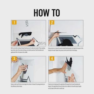 K&ouml;nnte beinhalten: Eine Anleitung mit dem Titel &bdquo;HOW TO&ldquo; zeigt den Prozess des Anbringens eines Wandaufklebers. Die Anweisungen werden in vier nummerierten Feldern mit Text und Bildern dargestellt, die jeden Schritt des Anwendungsprozesses veranschaulichen.