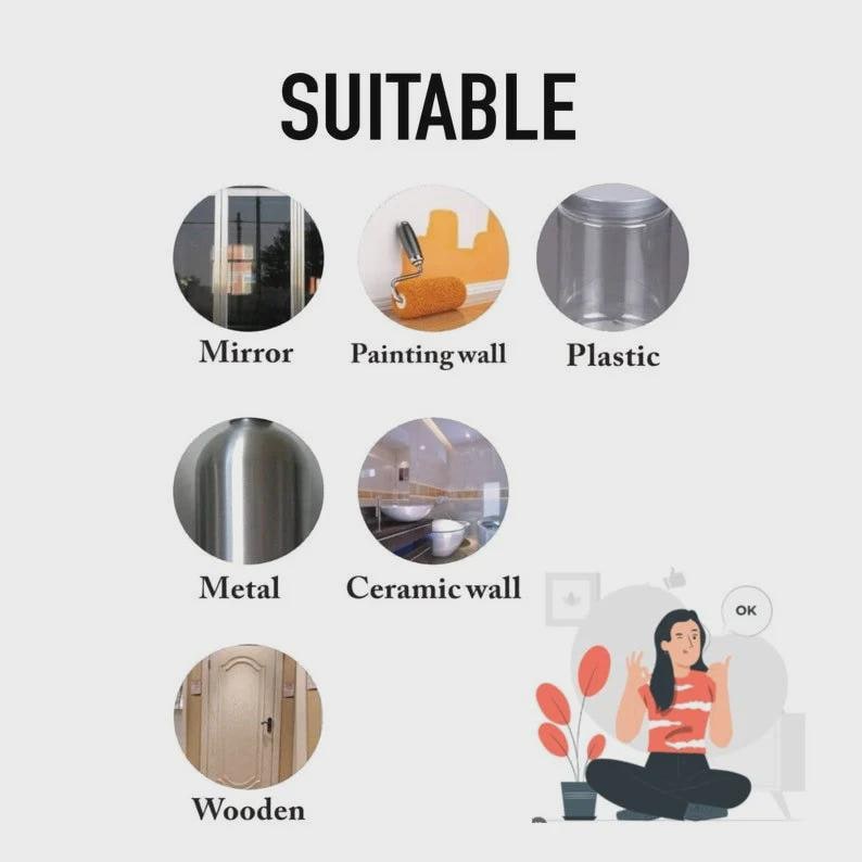 K&ouml;nnte beinhalten: Bild mit dem Wort "SUITABLE" oben. Darunter befinden sich kreisf&ouml;rmige Bilder eines Spiegels, einer bemalten Wand, eines Kunststoffbeh&auml;lters, eines Metallobjekts, einer Keramikwand und einer Holzt&uuml;r. Eine Person sitzt und zeigt das "OK"-Zeichen.