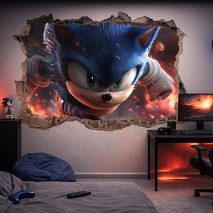 May include: A room featuring a large wall mural of Sonic the Hedgehog bursting through a wall. The room includes a gaming setup with a computer, chair, and a glowing clock. A lava lamp and a Sonic figurine are on a side table.