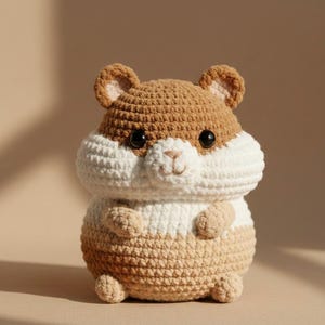 Puede incluir: Un juguete de hámster de ganchillo hecho a mano en tonos marrón y blanco. El hámster amigurumi tiene ojos negros, orejas pequeñas y una cara sonriente. El juguete mide aproximadamente 10 cm de alto.