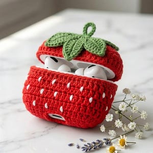 Könnte beinhalten: Eine rote, gehäkelte Erdbeer-Hülle für kabellose Ohrhörer. Die Hülle hat weiße Samen Details und ein grünes gehäkeltes Blatt und einen Stiel. Die Ohrhörer sind weiß. Die Hülle ist geöffnet und zeigt die Ohrhörer im Inneren.