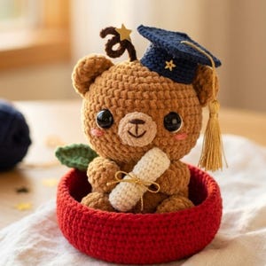 May include: A crocheted brown bear wearing a navy blue graduation cap with a gold tassel and star. The bear holds a scroll tied with gold string and sits in a red crocheted bowl. The bear has black eyes and pink cheeks.