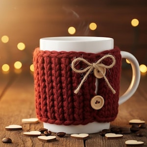 May include: A white ceramic mug with a knitted red cozy, adorned with a twine bow and wooden buttons. Steam rises from the mug, suggesting a warm beverage. Wooden heart-shaped decorations and coffee beans are scattered on the wooden surface.