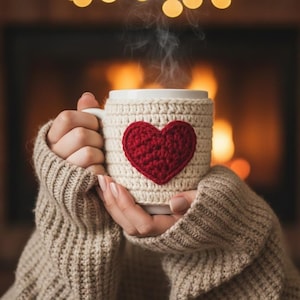 May include: A white ceramic mug with a cream crocheted cosy and a red heart. Steam rises from the mug, suggesting a warm drink. The mug is held by a person wearing a beige sweater, creating a cosy, comforting scene.