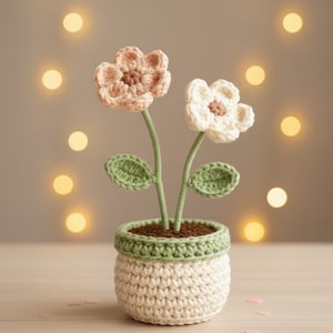 Op de afbeelding: Een gehaakte bloempot in crème met twee bloemen. De pot heeft een groene rand. De bloemen zijn perzik en wit met groene stelen en bladeren. De achtergrond heeft zachte, vage lichten.