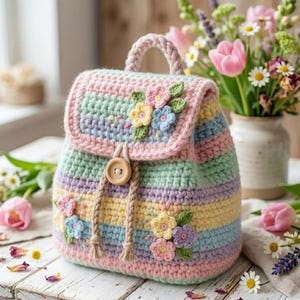 Könnte beinhalten: Ein pastellfarbener gehäkelter Rucksack mit horizontalen Streifen in Rosa, Gelb, Blau und Lavendel. Er ist mit gehäkelten Blumen und einem Holzknopfverschluss verziert. Der Griff ist geflochten. Höhe ca. 25 cm.