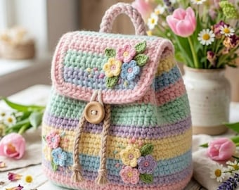 May include: A pastel-colored crochet backpack with horizontal stripes in pink, yellow, blue, and lavender. The flap and body are adorned with crocheted flowers and a wooden button closure. The handle is a braided design.