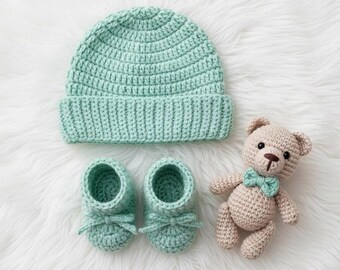 Crochet Baby Set Pattern – Newborn Beanie, Booties & Teddy Bear (PDF Pattern)