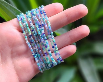 Blue Confetti Seed Bead Bracelet Set - Handmade Elastic Jewelry