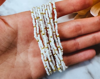 SET OF TEN white and gold seed bead bracelet, beaded bracelet, handmade jewelry, beaded bracelets