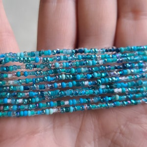 Set of 10 Aqua Blue Seed Bead Bracelets: Stackable Handmade Jewelry