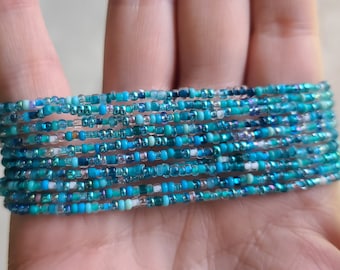 Set of 10 Aqua Blue Seed Bead Bracelets: Stackable Handmade Jewelry
