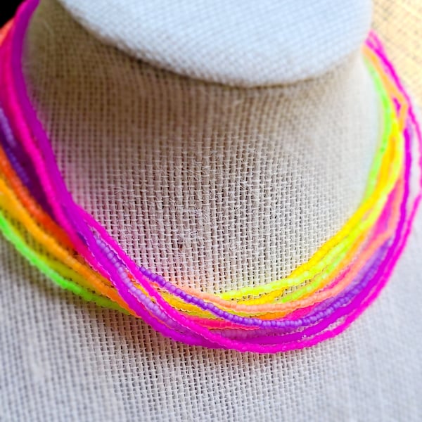 Matte neon beaded choker, blacklight, plur, dainty beaded necklace, beaded necklace, handmade jewelry, rainbow jewelry, stretchy, unique