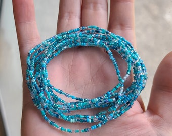 Blue Aqua Seed Bead Bracelet Set: Stackable Beach Bracelets, SET OF ten, stretchy, friendship bracelets, gift for her,