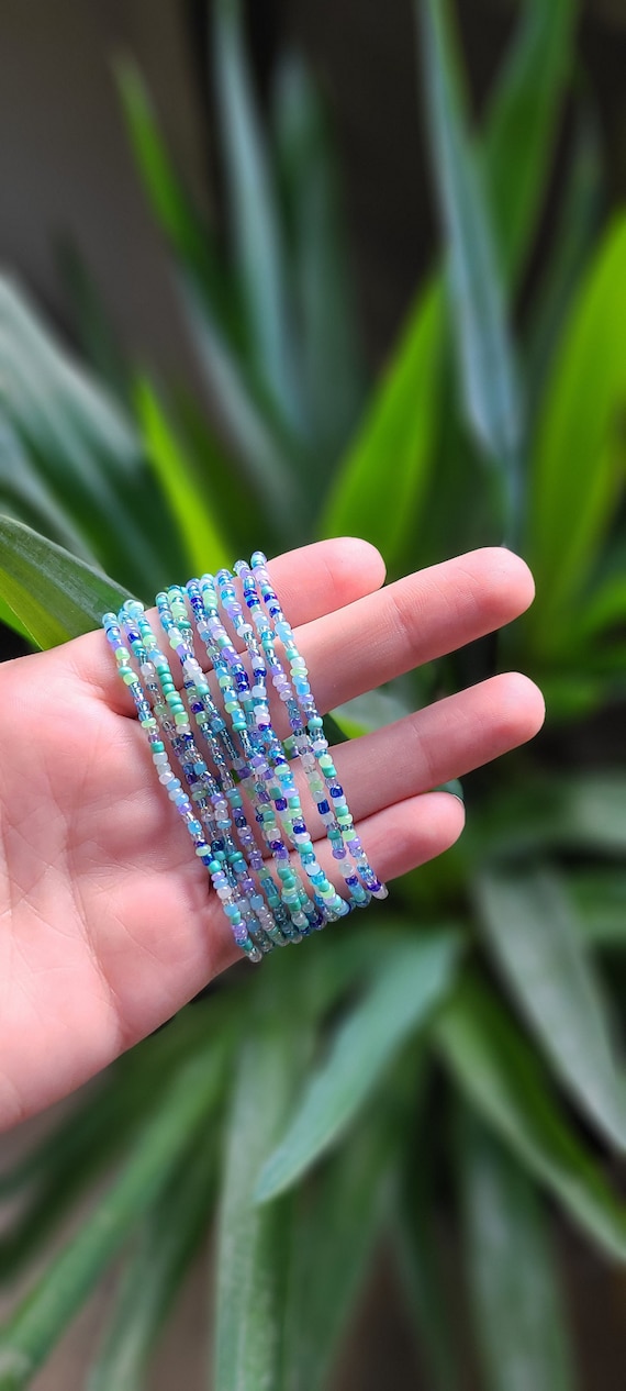 SET OF TEN Blue Confetti Seed Bead Bracelets, Stackable, Small