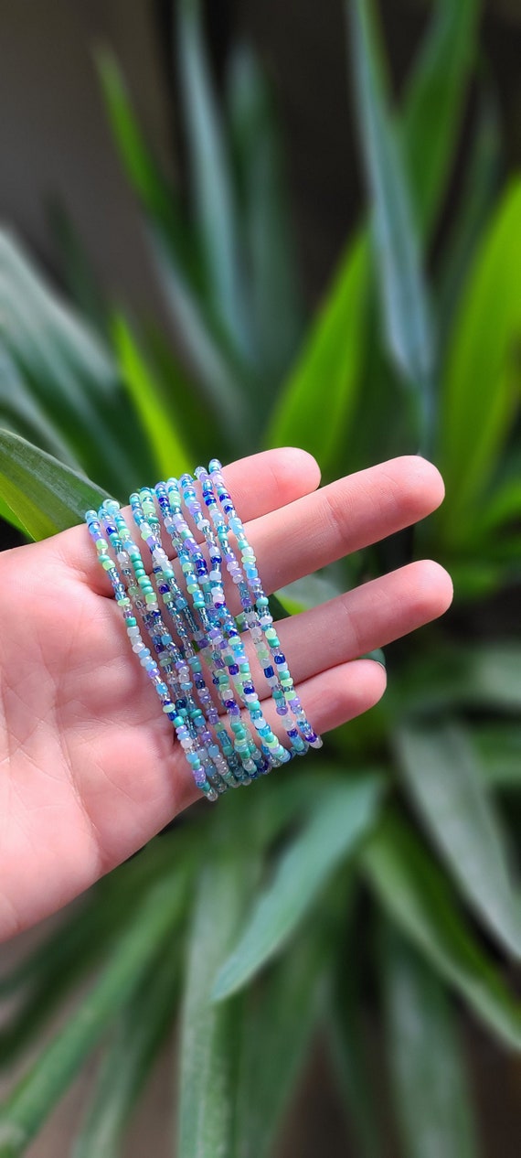 SET OF TEN Blue Confetti Seed Bead Bracelets, Stackable, Small